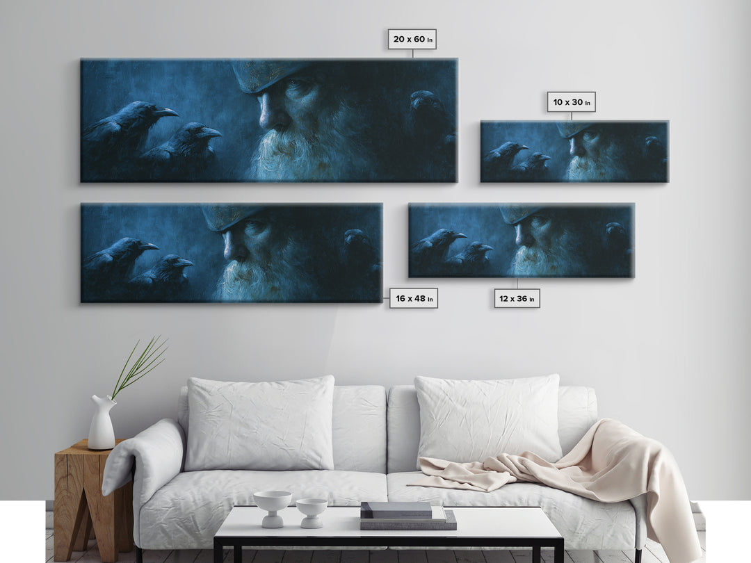 Odin With Ravens In Blue Shadow Canvas Print, Norse Mythology Wall Art, Viking Decor, Dark Academia Gift For Him, Moody Office Decor