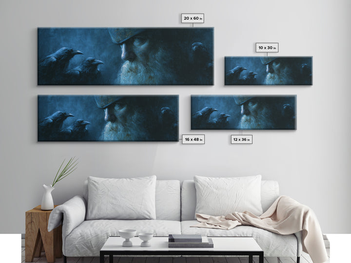 Odin With Ravens In Blue Shadow Canvas Print, Norse Mythology Wall Art, Viking Decor, Dark Academia Gift For Him, Moody Office Decor
