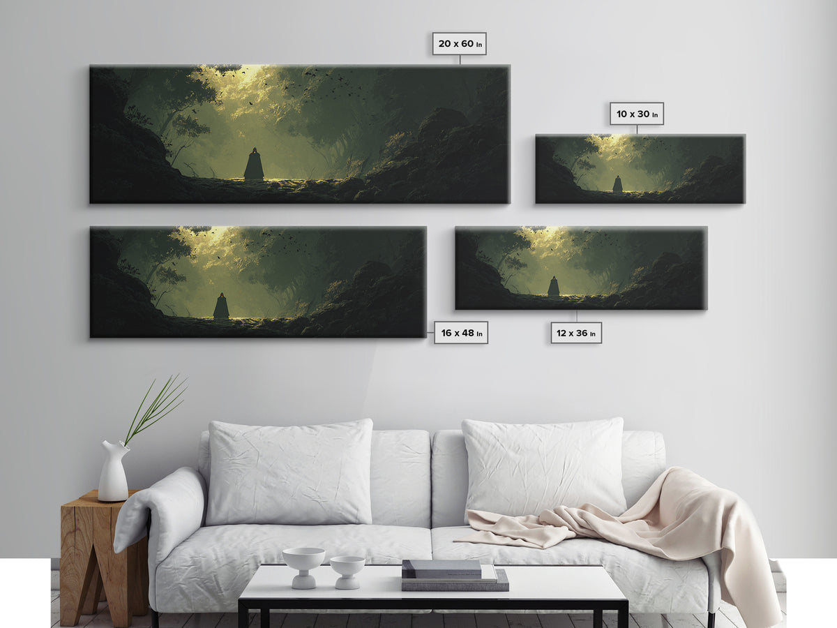 Cloaked Figure In Enchanted Forest Canvas Print, Dark Fantasy Landscape Art, Moody Wall Decor, Gothic Home Decor, Gift For Her