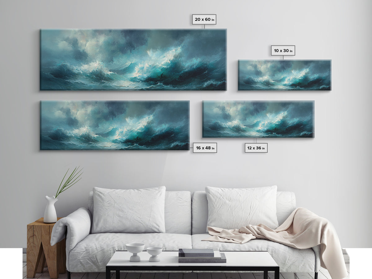 Stormy Teal Ocean Waves Wall Art, Moody Seascape Canvas Print, Coastal Living Room Decor, Large Abstract Ocean Painting Print