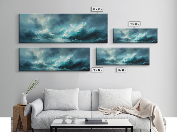 Stormy Teal Ocean Waves Wall Art, Moody Seascape Canvas Print, Coastal Living Room Decor, Large Abstract Ocean Painting Print