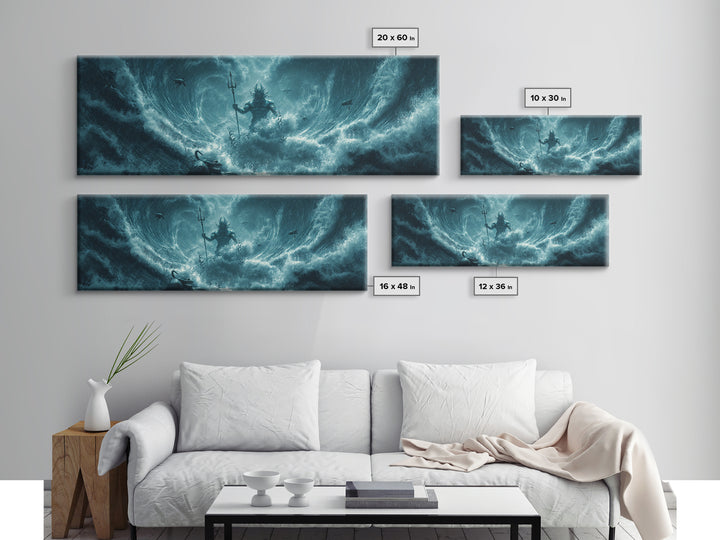 Storm God Rising From Ocean Waves Canvas Print, Poseidon Trident Fantasy Art, Dramatic Nautical Wall Decor For Men, Coastal Storm Artwork