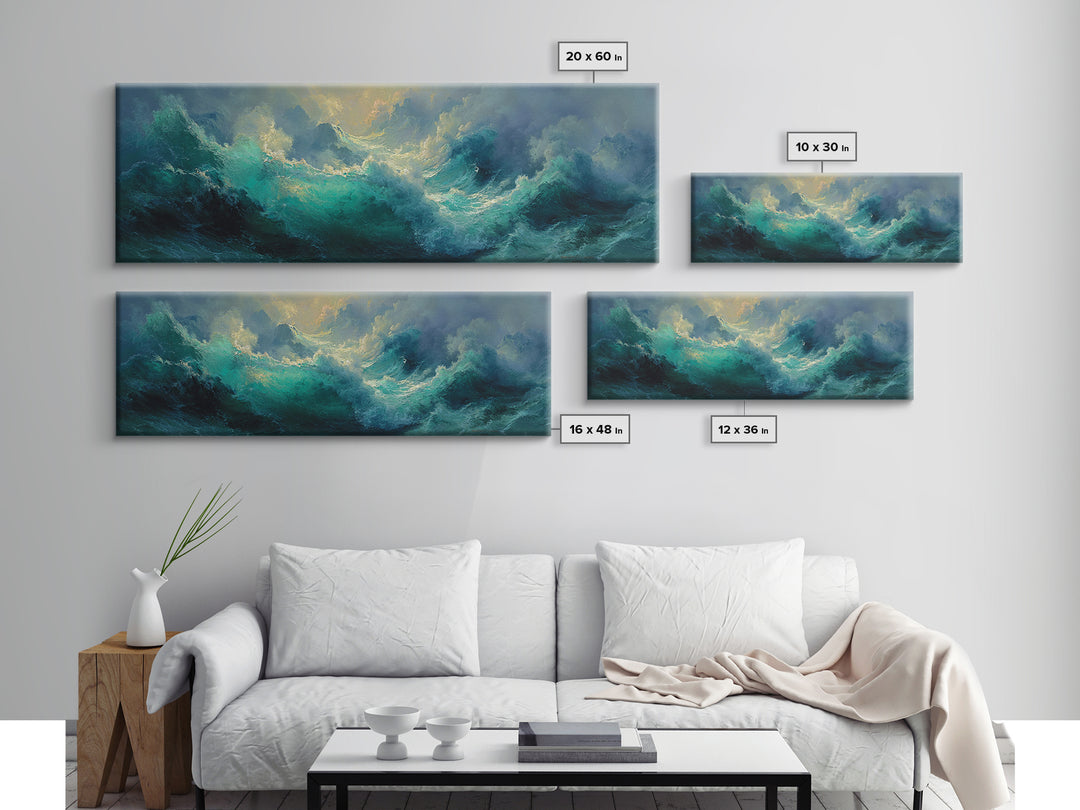 Stormy Turquoise Ocean Waves Framed Canvas Print, Moody Seascape, Coastal Wall Art, Nautical Decor, Large Horizontal Art