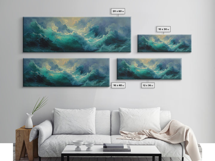Stormy Turquoise Ocean Waves Framed Canvas Print, Moody Seascape, Coastal Wall Art, Nautical Decor, Large Horizontal Art