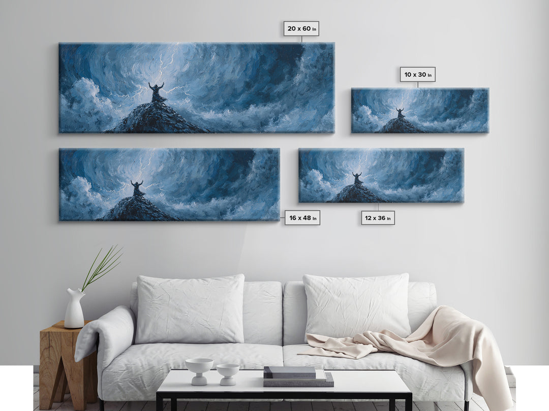 Lone Viking On Stormy Peak Canvas Print, Lightning Sky Wall Art, Norse Mythology Decor, Dramatic Mountain Artwork Gift For Him