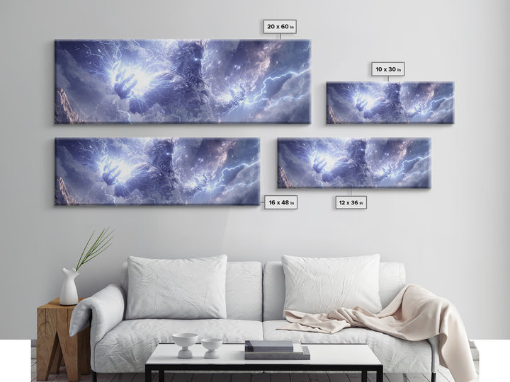 Colossal Storm Titan Wielding Lightning Canvas Print, Mythological Fantasy Wall Art, Thunder God Decor, Epic Mountain Artwork
