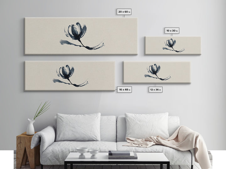 Minimalist Ink Flower On Textured Linen Wall Art, Botanical Canvas Print, Neutral Floral Decor, Japandi Bedroom Wall Art