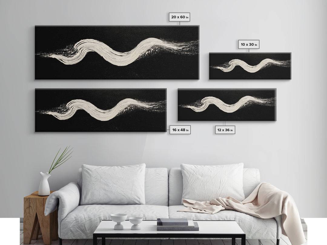 Black And White Brushstroke Wall Art, Minimalist Abstract Canvas Print, Textured Modern Decor, Large Horizontal Art Print
