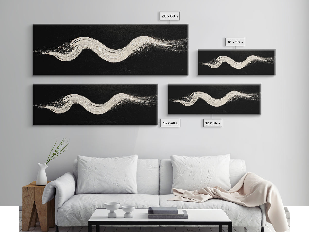 Black And White Brushstroke Wall Art, Minimalist Abstract Canvas Print, Textured Modern Decor, Large Horizontal Art Print