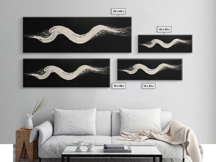 Black And White Brushstroke Wall Art, Minimalist Abstract Canvas Print, Textured Modern Decor, Large Horizontal Art Print