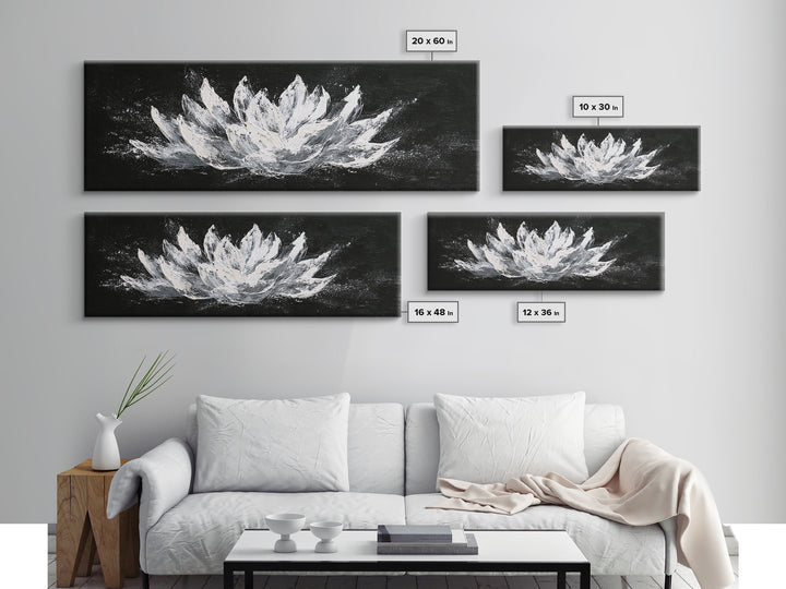 Black And White Lotus Flower Canvas Print, Textured Floral Painting, Minimalist Spa Decor, Elegant Modern Bathroom Wall Art