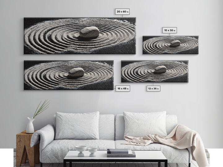 Zen Sand Garden With Center Stone Wall Art, Black And White Minimalist Decor, Japandi Meditation Print For Spa Room, Home Decor