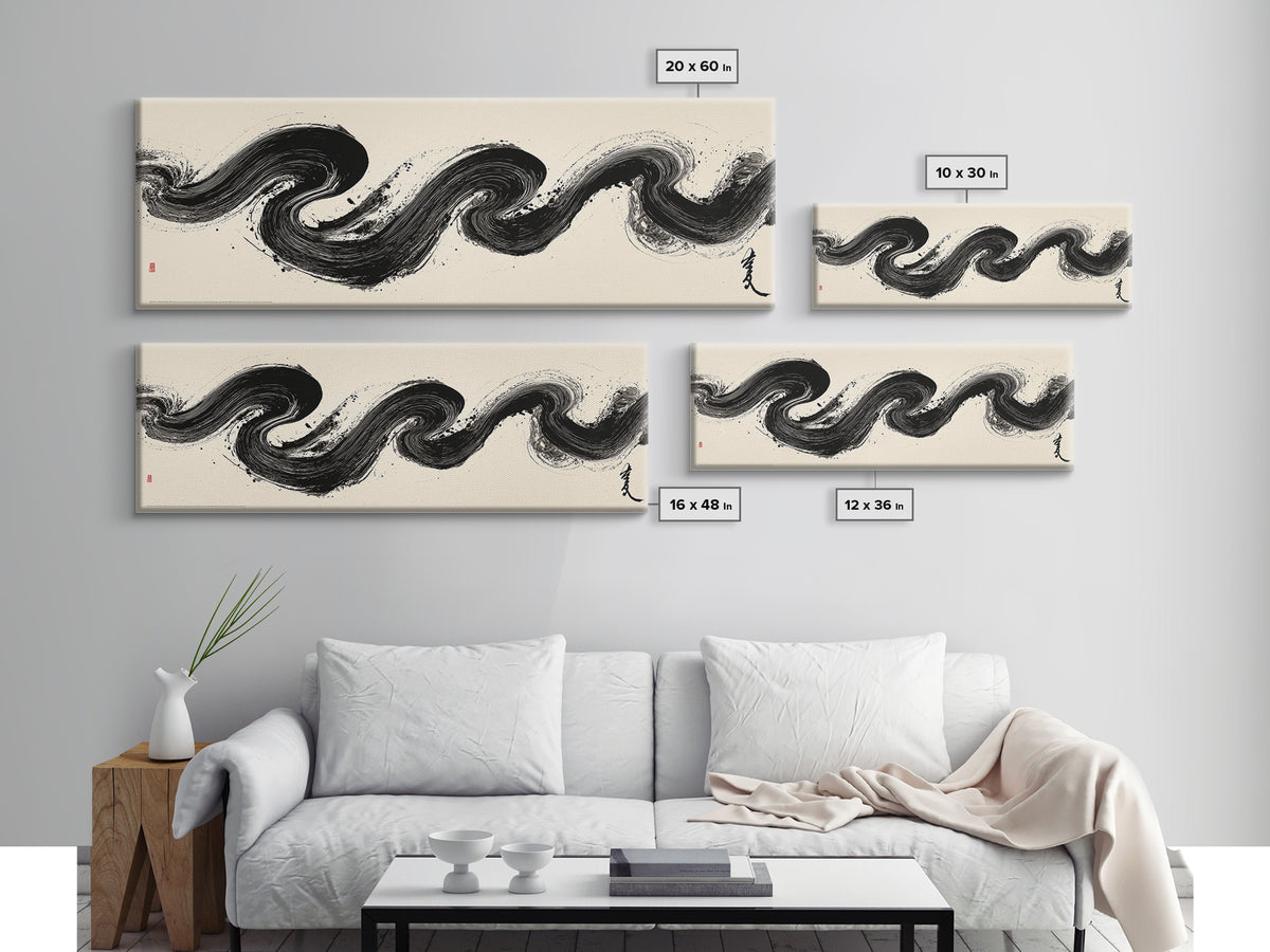 Abstract Black Ink Wave Brushstroke Wall Art, Minimalist Japanese Canvas Print, Zen Calligraphy Decor For Modern Home Wall Decor