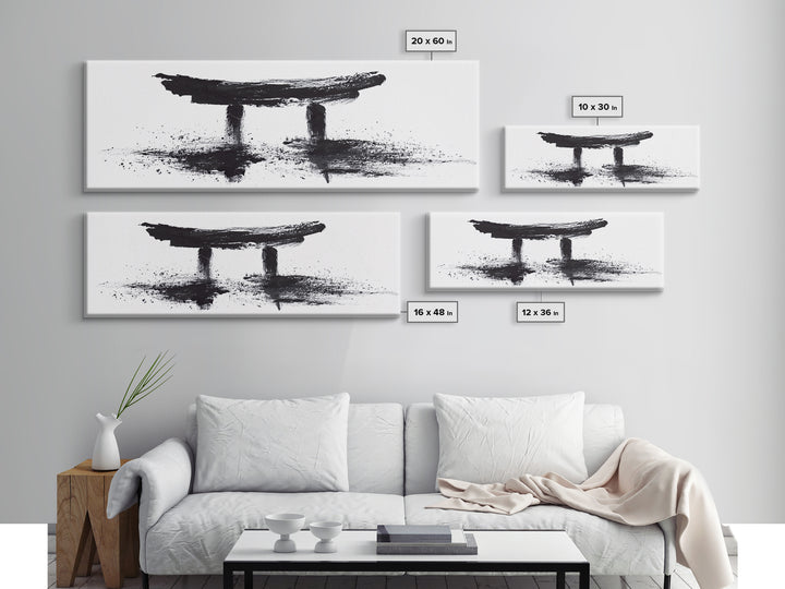 Black Ink Japanese Torii Gate Wall Art, Minimalist Canvas Print, Zen Calligraphy Decor, Black And White Japandi Office Wall Decor