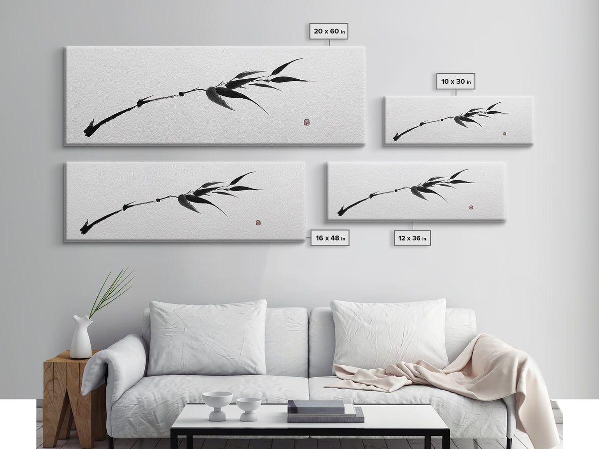 Minimalist Black Bamboo Ink Branch Wall Art, Japanese Zen Canvas Print, Monochrome Botanical Decor, Wabi Sabi Office Art