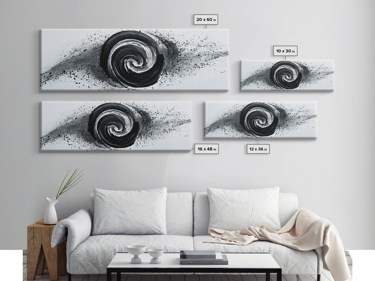 Black And White Spiral Wall Art, Abstract Ink Brush Circle Canvas Print, Monochrome Modern Office Decor, Minimalist Art Print