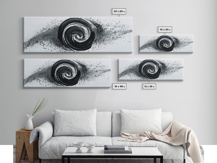 Black And White Spiral Wall Art, Abstract Ink Brush Circle Canvas Print, Monochrome Modern Office Decor, Minimalist Art Print