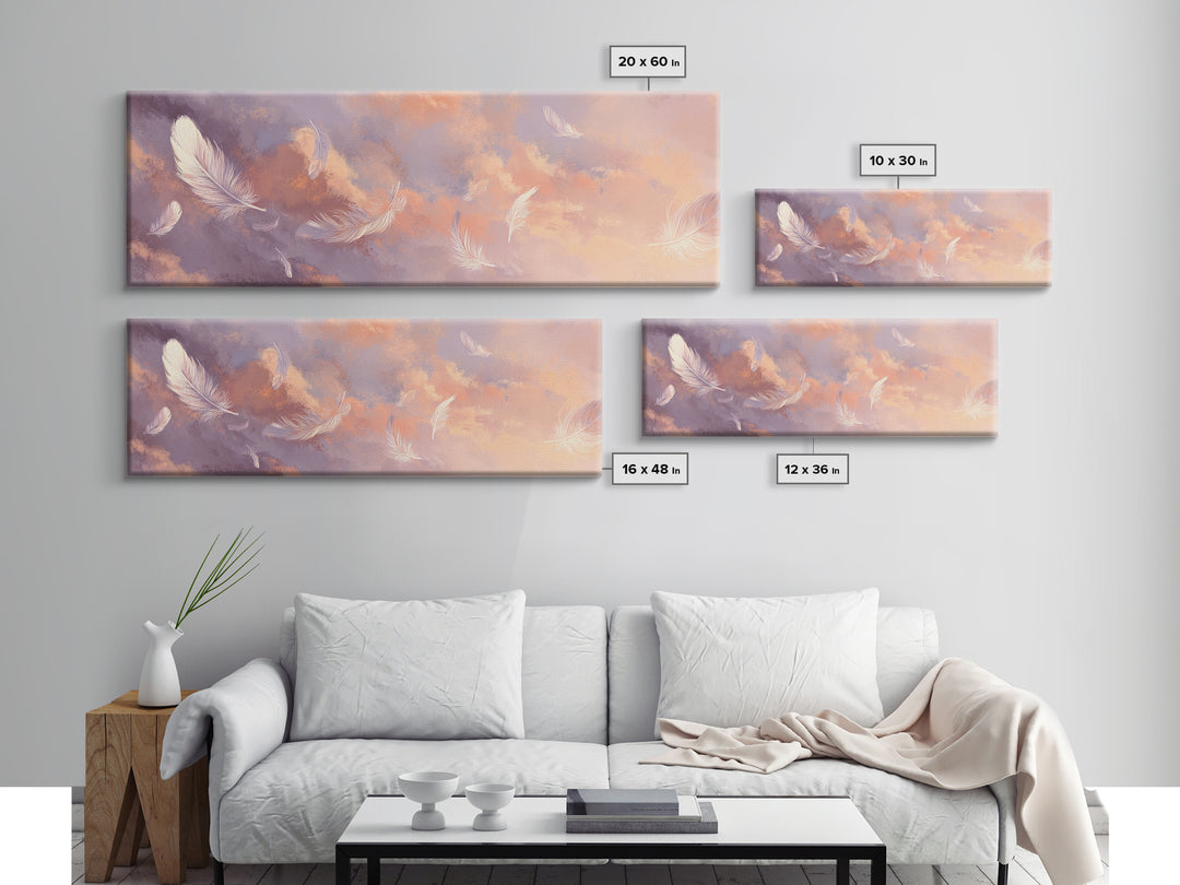 Floating White Feathers Canvas Print, Pastel Sky Wall Art, Dreamy Cloud Decor, Calming Bedroom Or Nursery Artwork Gift For Her