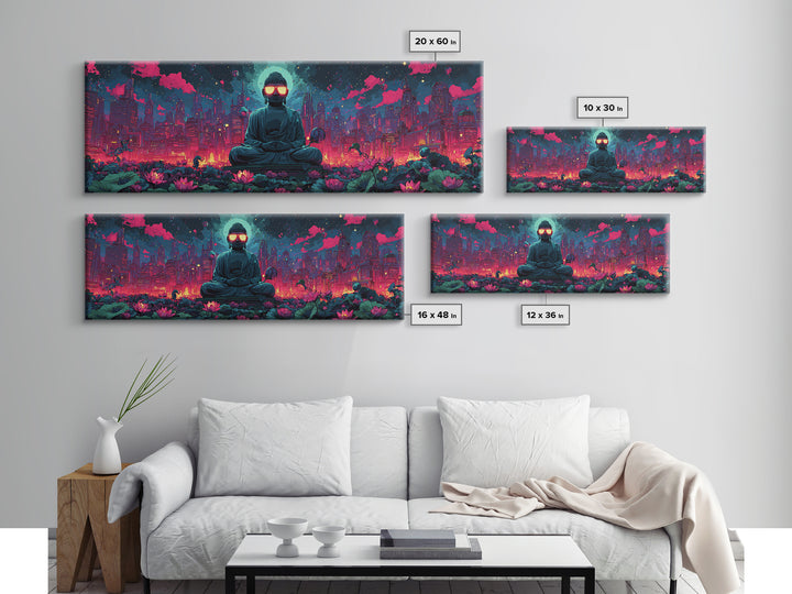Neon Cyberpunk Buddha City Canvas Print, Futuristic Wall Art, Meditation Decor, Lotus Garden, Gaming Room Poster, Sci Fi Home Decor
