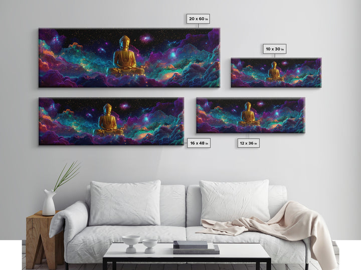 Golden Buddha In Cosmic Nebula Clouds Wall Art, Meditation Room Decor, Spiritual Canvas, Yoga Studio, Celestial Print Gift