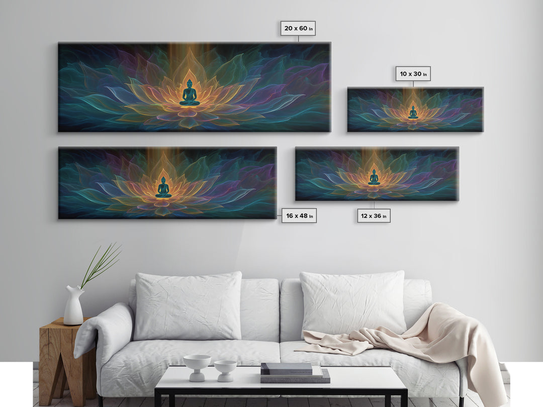 Glowing Buddha Lotus Meditation Canvas Print, Spiritual Zen Wall Decor, Yoga Room Art, Sacred Geometry, Calming Home Decor