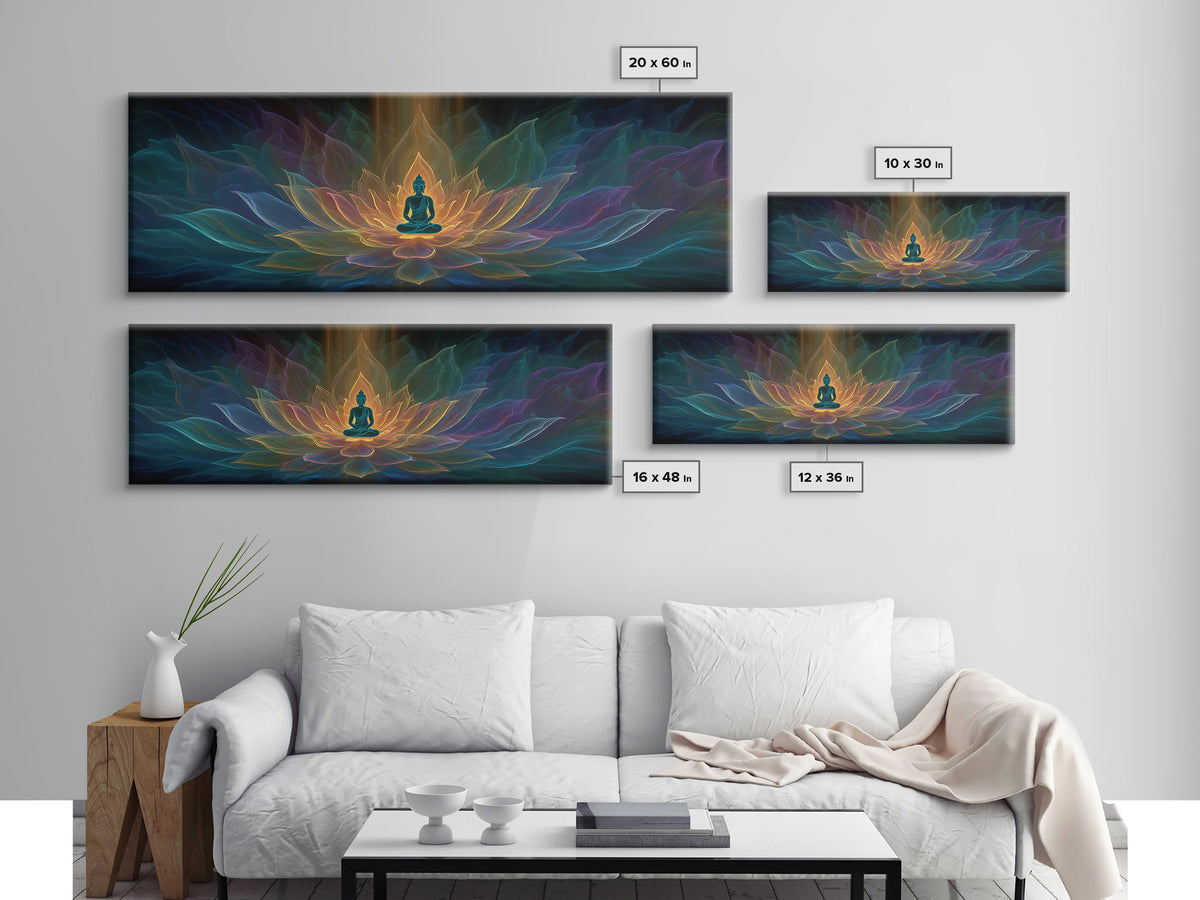 Glowing Buddha Lotus Meditation Canvas Print, Spiritual Zen Wall Decor, Yoga Room Art, Sacred Geometry, Calming Home Decor