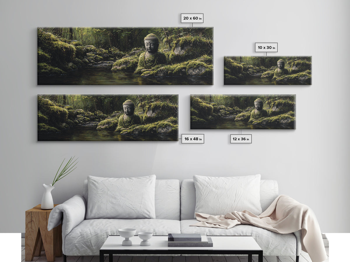 Mossy Buddha Forest Stream Wall Art, Zen Meditation Canvas Print For Spa Decor, Japandi Bathroom Decor And Nature Wall Art