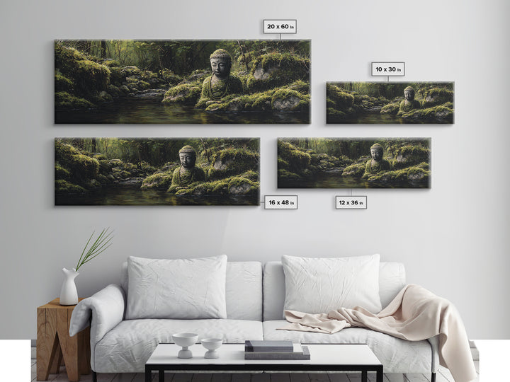 Mossy Buddha Forest Stream Wall Art, Zen Meditation Canvas Print For Spa Decor, Japandi Bathroom Decor And Nature Wall Art
