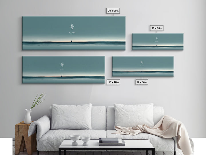 Minimal Teal Ocean Horizon With Tiny Sailboat Wall Art, Japandi Seascape Print, Calm Coastal Office Decor Gift For Home Decor