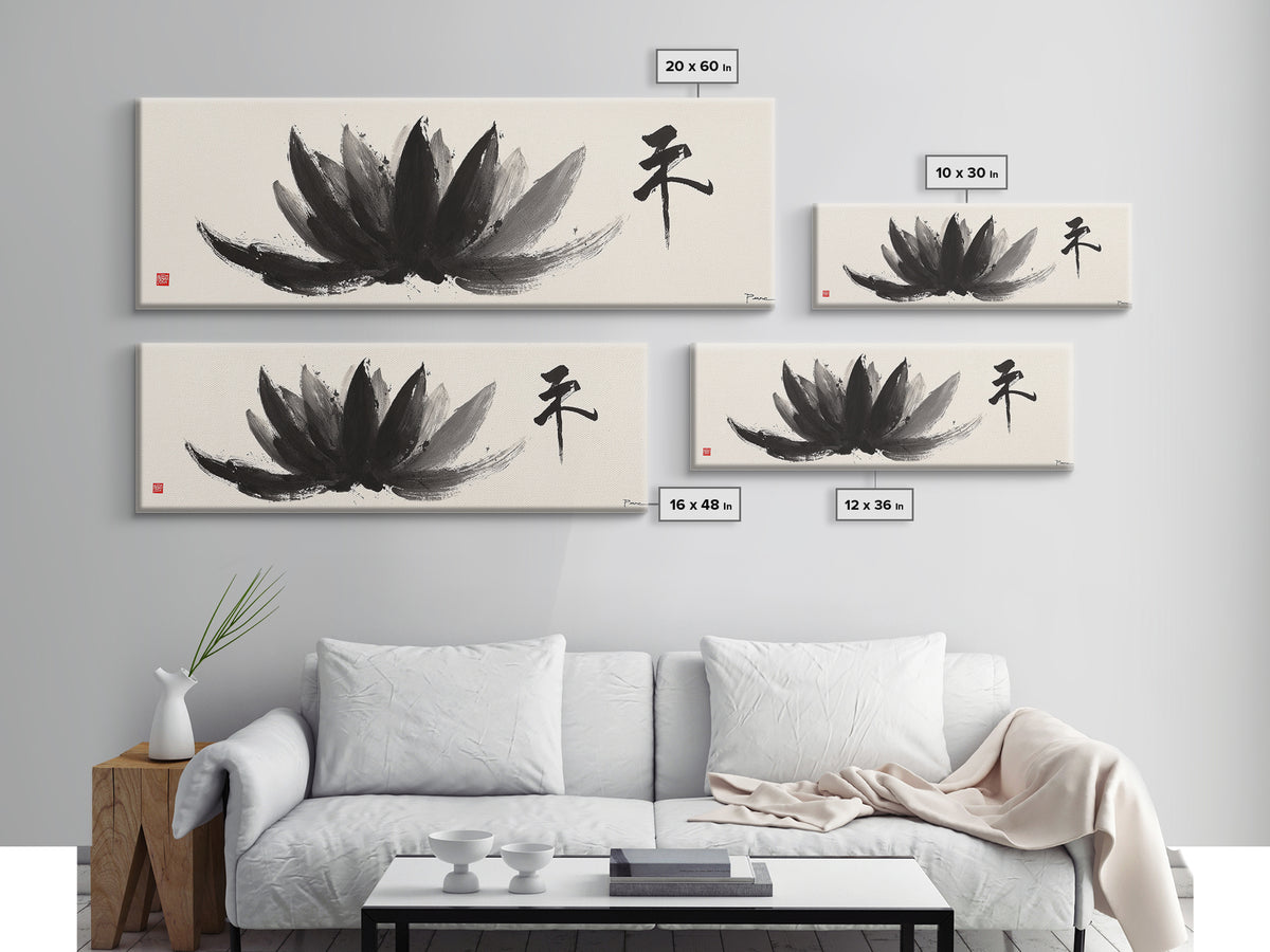 Black Ink Lotus Zen Wall Art, Minimalist Japanese Calligraphy Canvas Print, Meditation Room Decor, Spiritual Gift For Her