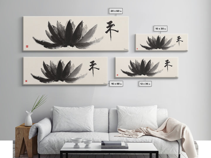 Black Ink Lotus Zen Wall Art, Minimalist Japanese Calligraphy Canvas Print, Meditation Room Decor, Spiritual Gift For Her