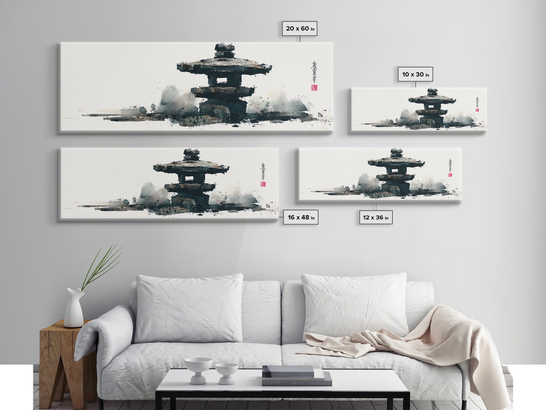 Minimal Japanese Pagoda Ink Wash Wall Art, Zen Framed Canvas Print For Japandi Decor, Asian Wall Decor And Meditation Room