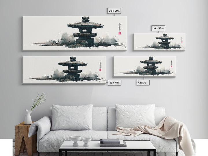 Minimal Japanese Pagoda Ink Wash Wall Art, Zen Framed Canvas Print For Japandi Decor, Asian Wall Decor And Meditation Room