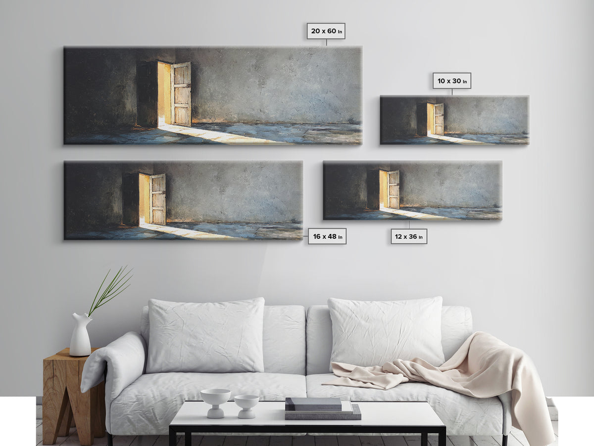 Sunlit Open Door In Moody Concrete Room Wall Art, Wabi Sabi Minimalist Print, Textured Neutral Decor For Living Room, Home Decor
