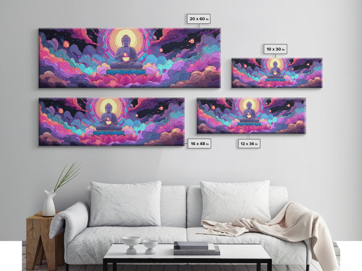Radiant Buddha Lotus Meditation Canvas Print, Psychedelic Celestial Wall Art For Yoga Studio, Spiritual Home Decor Print