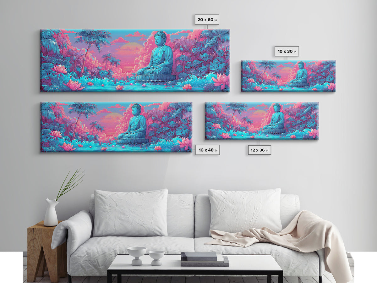Pink Blue Buddha Garden Wall Art, Zen Meditation Canvas Print, Lotus Flower Spiritual Decor, Tropical Calming Room Art Print