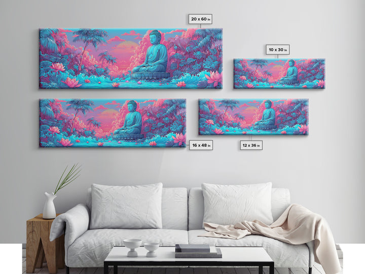 Pink Blue Buddha Garden Wall Art, Zen Meditation Canvas Print, Lotus Flower Spiritual Decor, Tropical Calming Room Art Print
