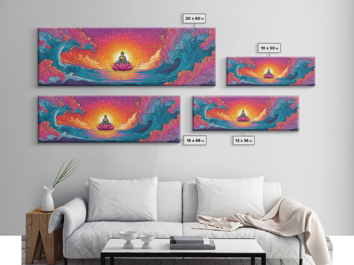 Pixel Buddha On Lotus Waves Wall Art, Celestial Meditation Canvas Print, Zen Yoga Room Decor, Vibrant Spiritual Gift For Home Decor