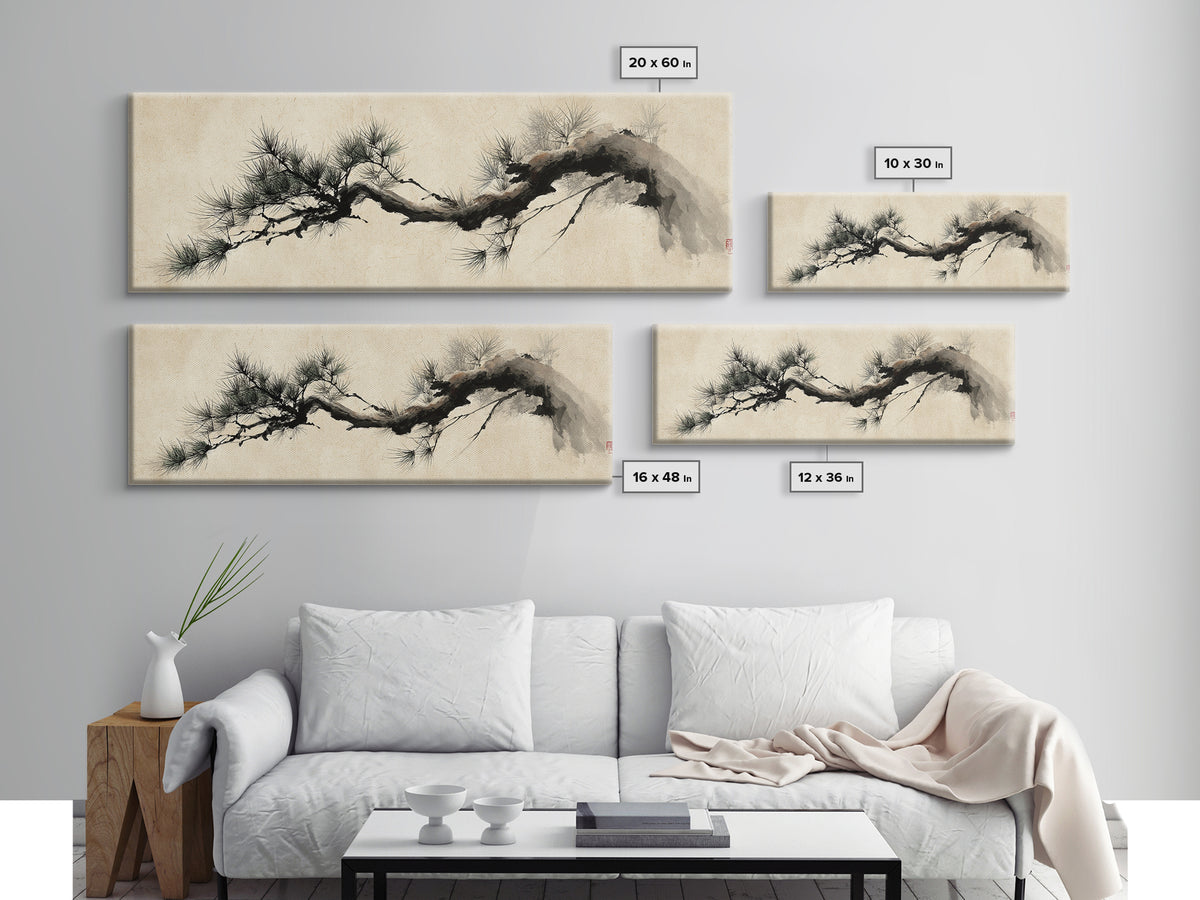Japanese Ink Pine Branch Wall Art, Minimalist Zen Canvas Print, Asian Botanical Decor, Wabi Sabi Living Room Art, Home Decor