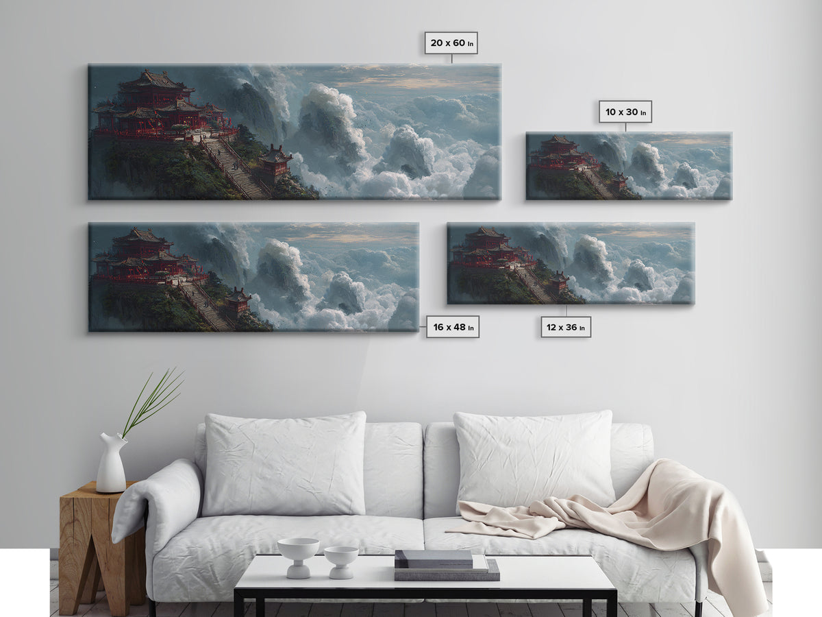 Cloud Temple Mountain Wall Art, Asian Pagoda Fantasy Landscape, Zen Home Decor Framed Canvas Print, Large Living Room Art