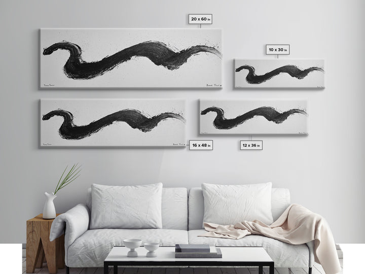 Black Brushstroke Abstract Wall Art, Minimalist Ink Canvas Print, Black And White Modern Office Decor, Horizontal Wall Art