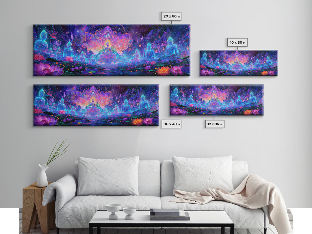 Glowing Lotus Buddha Meditation Wall Art, Psychedelic Spiritual Canvas Print, Yoga Studio Decor, Celestial Mindfulness Gift