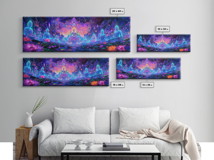Glowing Lotus Buddha Meditation Wall Art, Psychedelic Spiritual Canvas Print, Yoga Studio Decor, Celestial Mindfulness Gift