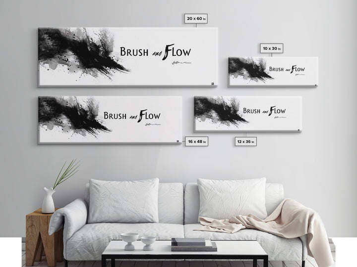Brush And Flow Black Ink Canvas Print, Abstract Calligraphy Wall Art, Minimalist Black And White Office Wall Decor Print