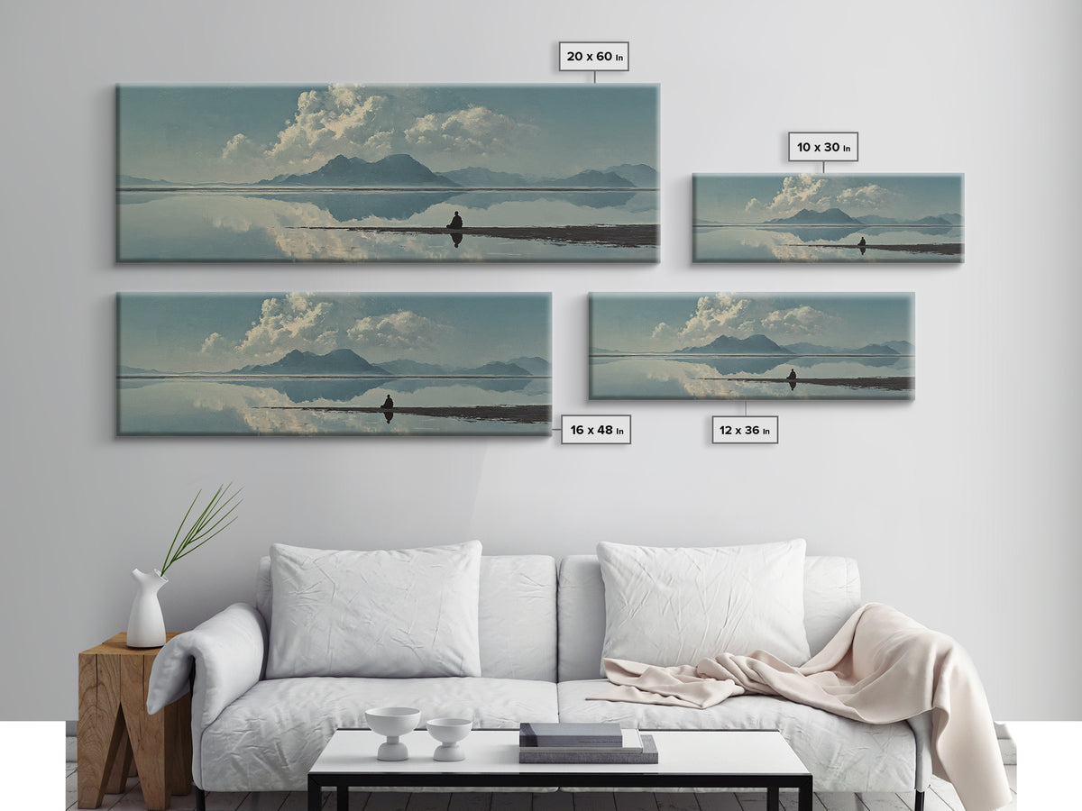 Quiet Mountain Lake Reflection With Lone Figure, Minimalist Wall Art, Landscape Canvas Print, Neutral Living Room Decor