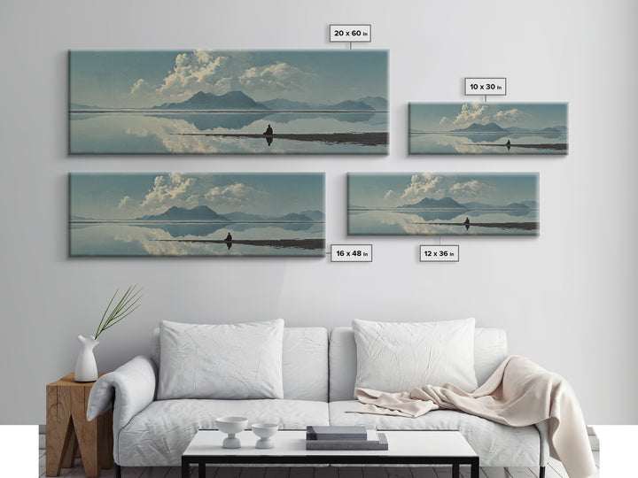 Quiet Mountain Lake Reflection With Lone Figure, Minimalist Wall Art, Landscape Canvas Print, Neutral Living Room Decor