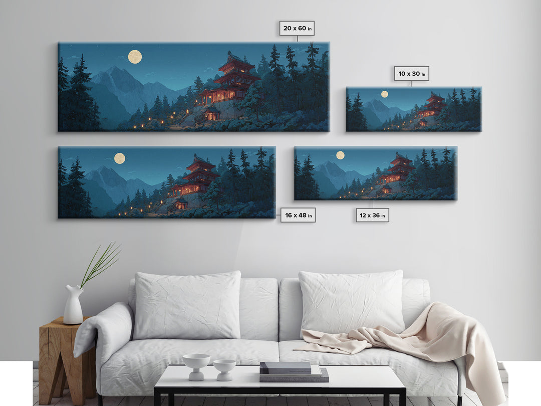 Moonlit Japanese Pagoda In Snowy Pines Wall Art, Japandi Mountain Landscape Canvas Print, Zen Decor, Serene Winter Home Decor
