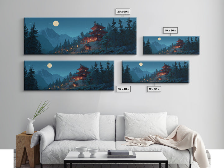Moonlit Japanese Pagoda In Snowy Pines Wall Art, Japandi Mountain Landscape Canvas Print, Zen Decor, Serene Winter Home Decor