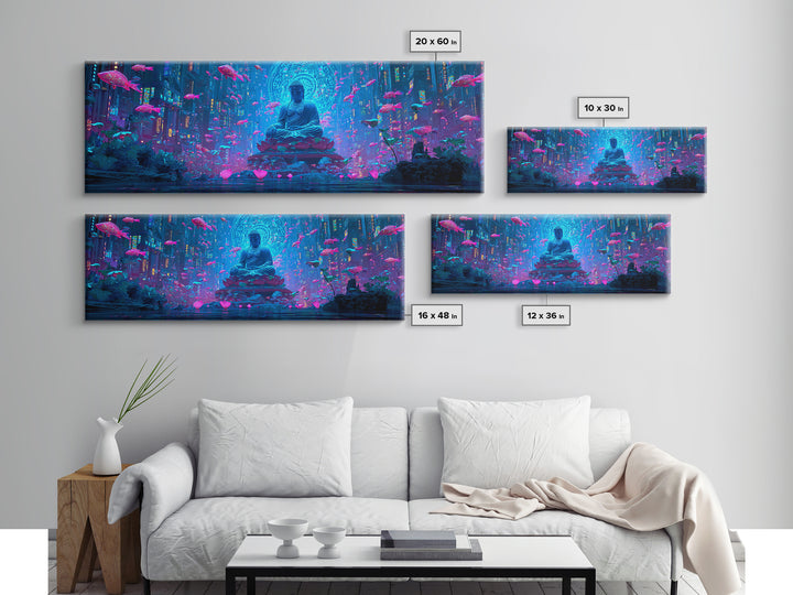 Neon Buddha Fish Temple Canvas Print, Zen Cyberpunk Wall Art, Meditation Room Decor, Futuristic Spiritual Wall Art Print