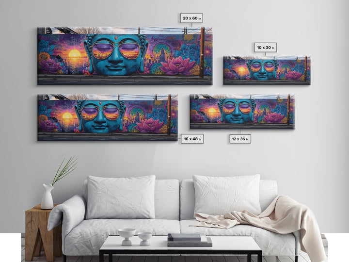 Buddha Mural With Sunset Sunglasses Wall Art, Urban Graffiti Canvas Print, Meditation Decor, Lotus Street Art, Calming Zen Gift